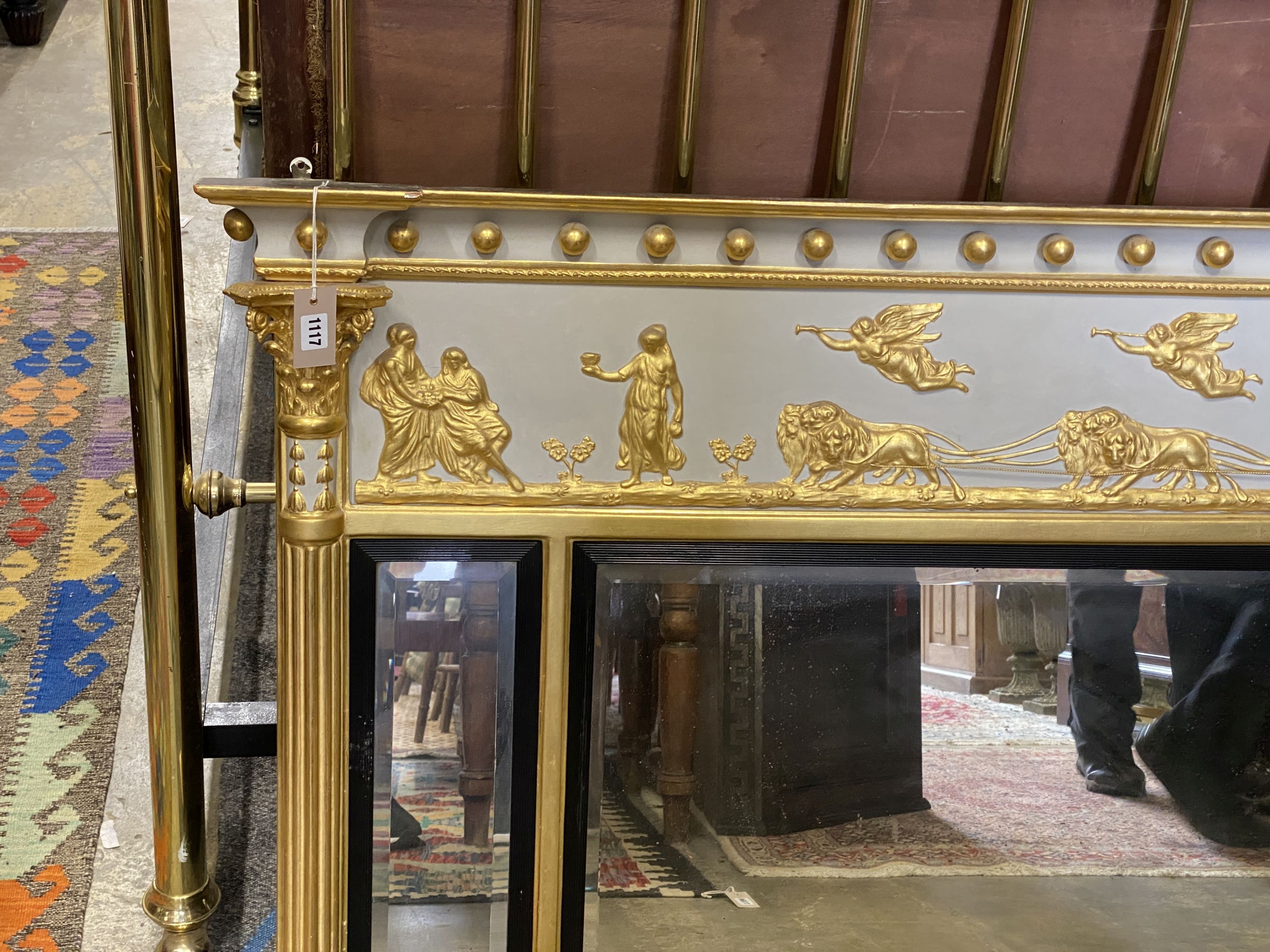 A Regency triple plate overmantel mirror (repainted), width 146cm, height 87cm